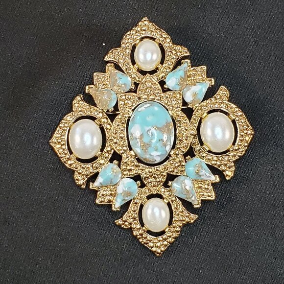 Vintage Sarah Coventry Brooch Pendant Gold With Faux Pearl & Turquoise Stones - Picture 5 of 12